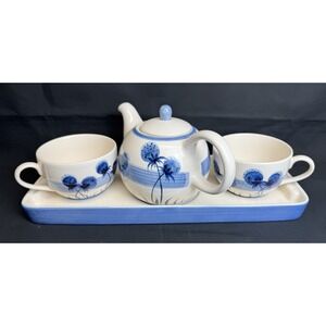 Vintage Herman Dodge 5 Piece Tea Set Teapot 2 Cups Tray Handpainted Blue & White